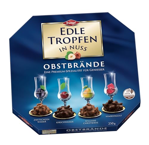 Edle Tropfen in Nuss Obstbrände 250g, flüssig gefüllte Schokoladenpralinen mit Milchschokoladen-Überzug und knackigen Haselnuss-Splittern von Edle Tropfen in Nuss