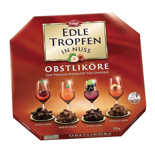 Edle Tropfen in Nuss Obstliköre 250g, flüssig gefüllte Schokoladenpralinen mit Milchschokoladen-Überzug und knackigen Haselnuss-Splittern von Edle Tropfen in Nuss