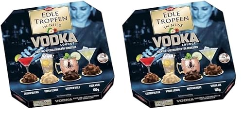 Edle Tropfen in Nuss Vodka Lounge 100g, flüssig gefüllte Schokoladenpralinen mit Milchschokoladen-Überzug und knackigen Haselnuss-Splittern (Packung mit 2) von Edle Tropfen in Nuss