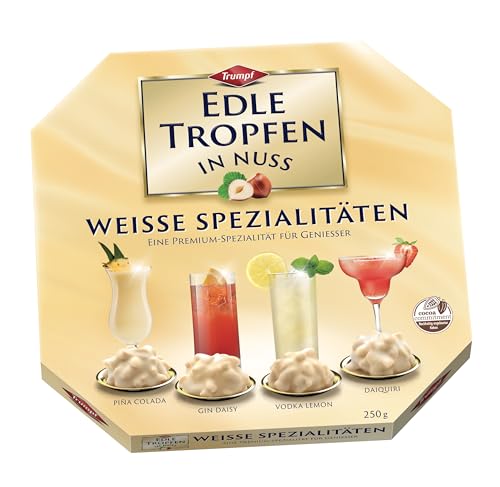 Edle Tropfen in Nuss Weiße Spezialitäten 250g, flüssig gefüllte Schokoladenpralinen mit Milchschokoladen-Überzug und knackigen Haselnuss-Splittern von Edle Tropfen in Nuss