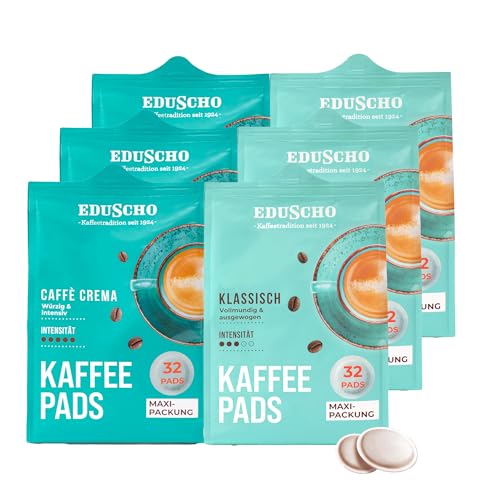 Eduscho Kaffeepads Probierset Vorratspack Maxi Packung, Klassisch & Caffè Crema, 192 Pads – 6 x 32 Pads, für alle Pad Maschinen, industriell kompostierbar von Eduscho