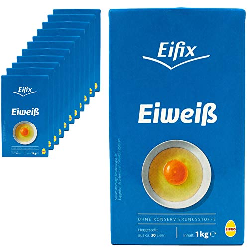 Eifix - 12er Pack Eiweiß flüssig hergestellt aus ca. 30 Eiern 1 kg Packung - Eipro flüssiges Eiklar Eiweiss flüssig ohne Konservierungsstoffe ideal zum Kochen und Backen (pasteurisiert Egg White) von Eifix