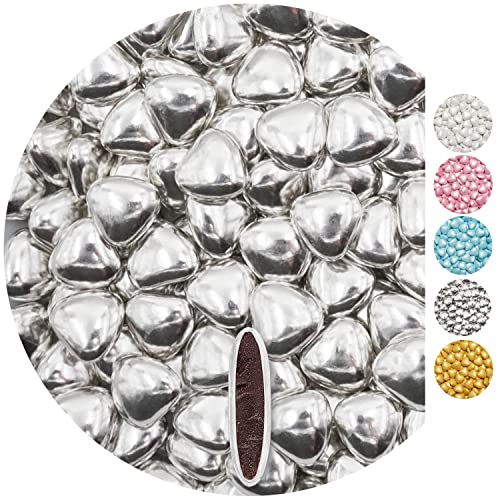 EinsSein 0,5kg Schokoherzen Dragees medium silber glanz Herz Schokodragees Gastgeschenke Hochzeit Taufe Schokolinsen Hochzeitsmandeln Candy Bar Süssigkeiten Nikah Sekeri mini Herzdragees Schoko Linsen von EinsSein