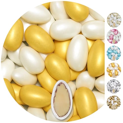 EinsSein 1kg Hochzeitsmandeln Conchiglia Mix weiss-gold metalic matt Mandeln Hochzeit Zuckermandeln Bonboniere Confetti Badem sekeri Gastgeschenk Zucker Mandeln Taufmandeln Candy Bar Süssigkeiten von EinsSein