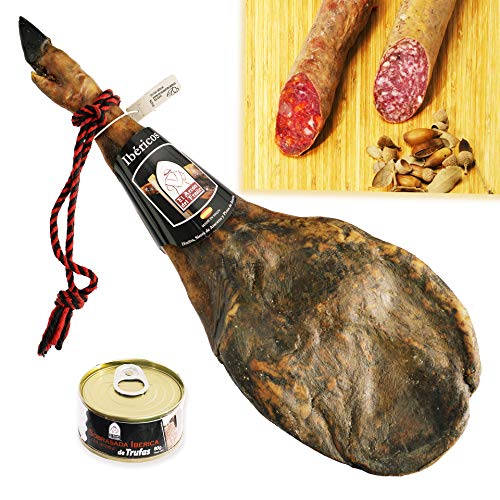 EL ARCON | Spanischer Pata negra Vordershinken der Klasse „Cebo“ 50%, 4-4,5Kg | Weiß Siegel | Mit halbe Stange 450g Chorizo und Salami der Qualität „Extra“ | Aus der Gebiet Jabugo von El Arcón del Fraile