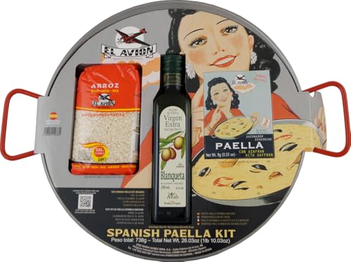 El Avion Paella-Kit mit Paella-Pfanne, Reis, Extra Nativen Olivenöl & Safran-Gewürz – Original aus Valencia von El Avion