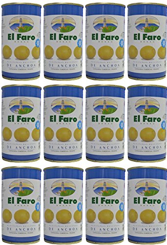 El Faro - Spanischen Oliven mit Sardellen gefüllt 350 gr. Abgetropft Menge 150 gr. - [Pack 12] von El Faro