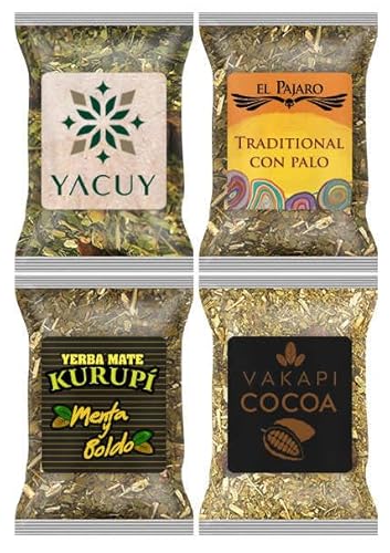 Yerba Mate Tee Einsteigerset 4x25g mate-tee ● Yerba mate-tee Vakapi Cocoa 25g● Mate Tee Yacuy mit Kamille 25g● Traditionelle paraguayische Yerba Mate Tee El Pajaro 25g● Pflanzlich mate-tee Kurupi 25g von El Pajaro