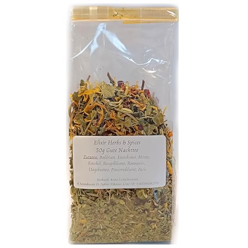 50g griechischer Gute Nachttee Baldrian Tee aus Kreta Eisenkraut, Minze, Fenchel Elixir #302 von Elixir Herbs & Spices