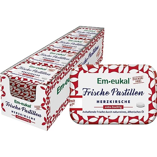 Em-eukal Frische Pastillen Herzkirsche in der Sommer Edition, extra fruchtig, Zuckerfrei, Anhaltende Frische durch naturreines & ätherisches Öl, 12x20 g von Em-eukal