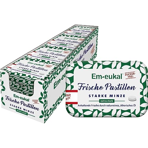 Em-eukal Frische Pastillen Starke Minze extra stark, Zuckerfrei, Anhaltende Frische durch naturreines & ätherisches Öl, 12x20 g von Em-eukal