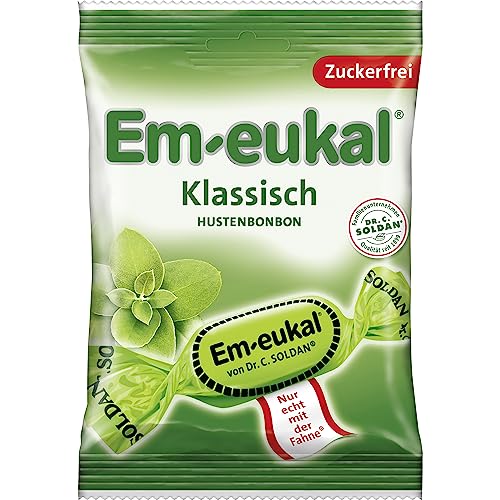 Em-eukal Hustenbonbon Klassisch, Zuckerfrei & laktosefrei, Lutschbonbons mit Eukalyptusöl & Menthol, Ohne Zucker – Großpackung 10x75g von Em-eukal