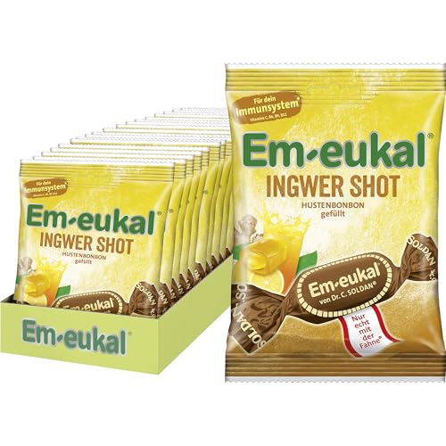 Em-eukal Hustenbonbons, Ingwer-Shot gefüllt mit Vitaminen, Zuckerhaltig & laktosefrei, Großpackung 20x75g von Em-eukal