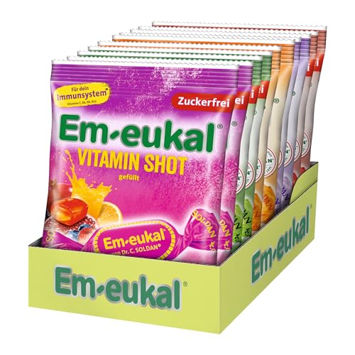 Em-eukal Mix Pack – 5 Sorten Hustenbonbons, zuckerfrei und zuckerhaltig, mit Vitamin C, Honig, Eukalyptus, Wildkirsche & Frucht – 10 x 75g, 2 Beutel pro Sorte von Em-eukal