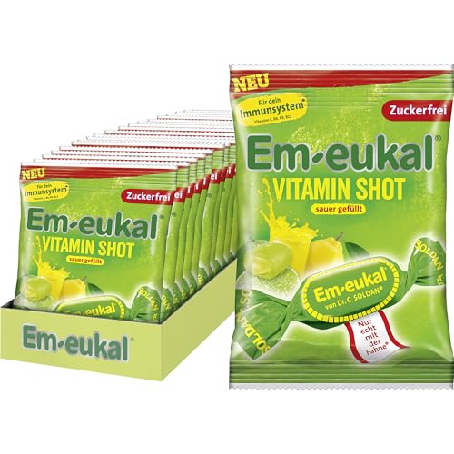 Em-eukal Vitamin Shot Sauer gefüllt 1500g – Bonbons mit einer sauer-fruchtigen Füllung, mit Vitamin C, Vitamin B12 und Vitamin E, zuckerfrei, laktosefrei – 20 x 75g von Em-eukal