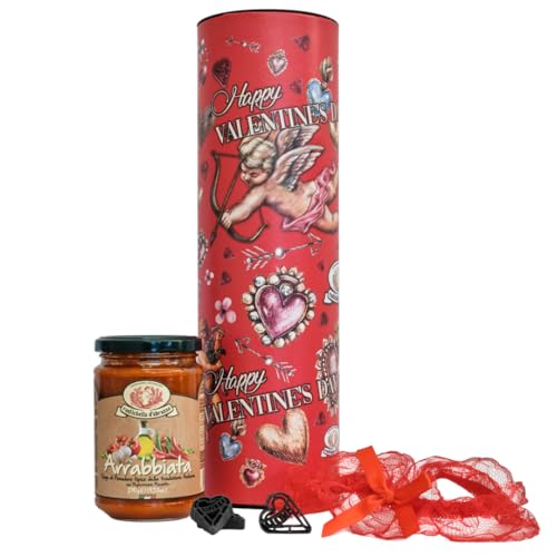 Italienische Geschenkbox "Valentinstag" – Geschenkrolle mit schwarzen Pasta Herzen, Sauce Arrabbiata und einem roten Strumpfband – Geschenkidee zum Valentinstag – Valentinstaggeschenk (Arrabbiata) von Epic Earth NOURISH YOUR SOUL