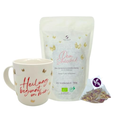 Tee-Set: Große Tasse aus edlem Porzellan mit goldenen Schmetterlingen und Spruch & Bio-Kräutertee in Beutel zur Stärkung des Immunsystems von Epic Earth NOURISH YOUR SOUL