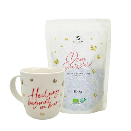 Tee-Set: Große Tasse aus edlem Porzellan mit goldenen Schmetterlingen und Spruch & Bio-Kräutertee lose 100g zur Stärkung des Immunsystems von Epic Earth NOURISH YOUR SOUL