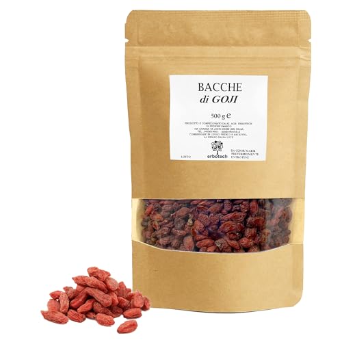 ERBOTECH Goji Beeren 500 g, Goji Berries mit hohem Vitamingehalt, Trockenfrüchte ohne Zucker und Schwefel, natürliches und energiereiches Superfood, Made in Italy von Erbotech