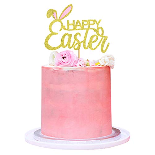 Ercadio 1 Packung Happy Easter Cake Topper mit Bunney Ohr Gold Glitter Kuchen Pick Ostern Thema Party Kuchen Dekorationen Zubehör von Ercadio