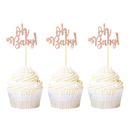 Ercadio 24 Stück Oh Baby Cupcake Topper Rose Gold Glitzer Baby Shower Cupcake Picks Jungen Mädchen Geburtstag Party Kuchen Dekorationen von Ercadio