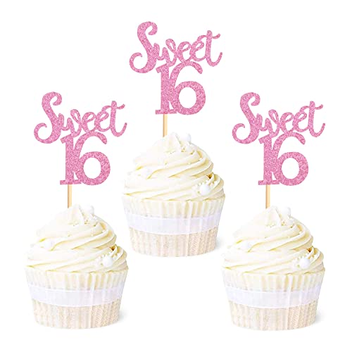 Ercadio 24 Stück Sweet 16 Cupcake Topper Glitter Alter 16 Cupcake Picks 16. Geburtstag Party Kuchen Dekorationen Supplies Pink von Ercadio