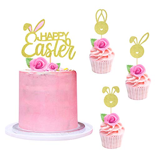 Ercadio 25 Stück Cupcake-Topper mit Ostern, Glitzer-Hasenohren, Oster-Themenparty-Dekorationen von Ercadio