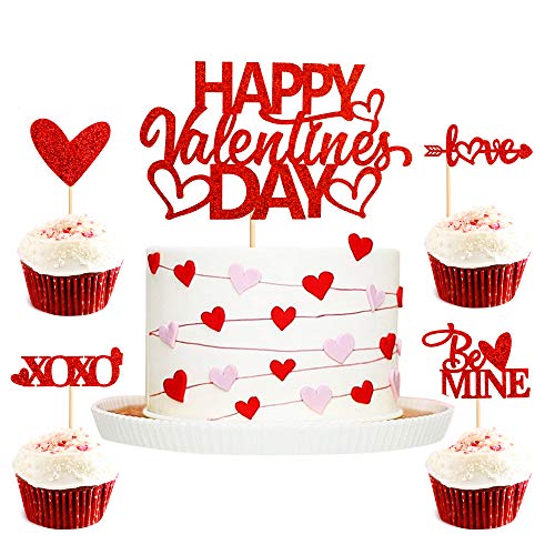 Ercadio 25 Stück rote Glitzer-Herz-Cupcake-Topper mit Happy Valentine's Day Cake Topper Picks Dekoration für Valentinstag Motto Party Supplies von Ercadio