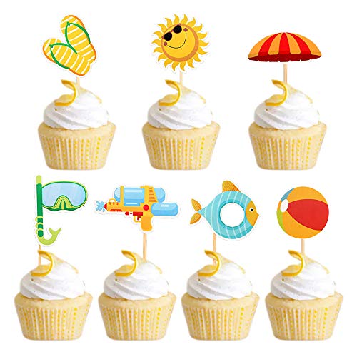 Ercadio 28 Stück Sommer Strand Hawaii Cupcake Topper Sonnenschirmball Taucherbrille Wasserpistole Hausschuhe Cupcake Picks Baby Shower Hawaii Pool Thema Geburtstag Party Kuchen Dekorationen von Ercadio