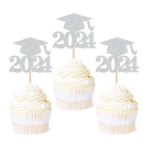 Ercadio 36 Stück 2021 Graduation Cap Cupcake Topper Silber Glitzer Klasse 2021 Cupcake Picks 2021 Graduation Thema Party Kuchen Dekorationen von Ercadio