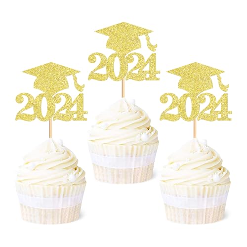 Ercadio 36 Stück Gold Glitter 2021 Graduation Cupcake Topper Klasse 2021 Grad Cap Cake Picks Dekorationen für 2021 Graduation Thema Party Supplies von Ercadio