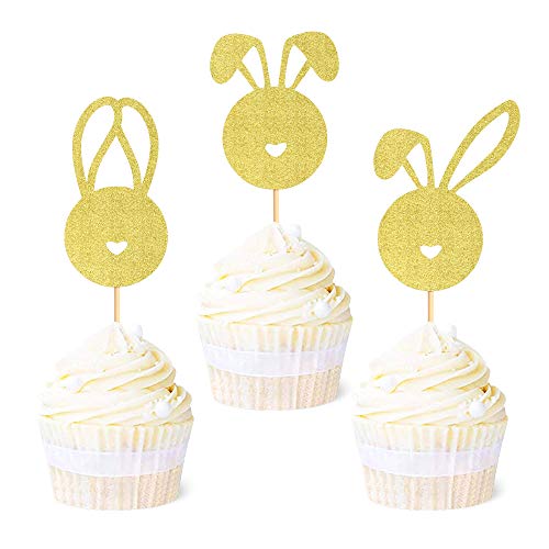 Ercadio 36 Stück Osterhasenkopf Cupcake Topper Gold Glitzer Hasenohren Cupcake Picks Ostern Mottoparty Kuchen Dekorationen Zubehör von Ercadio