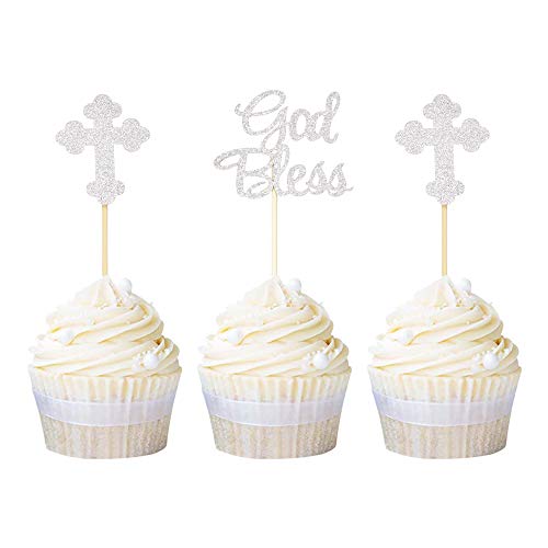 Ercadio Cupcake-Dekoration, Motiv: Gott Segen und Kreuz, goldfarbener Glitzer, für Taufe, Cupcakes, christliche religiöse Party-Dekoration, 24 Stück von Ercadio