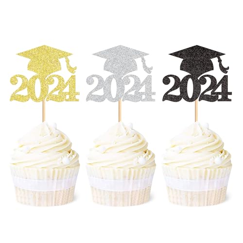 Ercadio Cupcake-Topper 2021, für Abschlussfeier, goldfarben, silberfarben, schwarz, glitzernd, 36 Stück von Ercadio