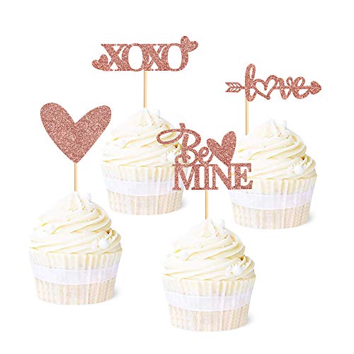 Ercaido 48 Stück Rose Gold Glitter Valentinstag Cupcake Topper Love Thema be Hochzeit Verlobung Cupcake Picks Dekorationen für Hochzeit Brautparty Valentinstag Motto Party Supplies von Ercadio