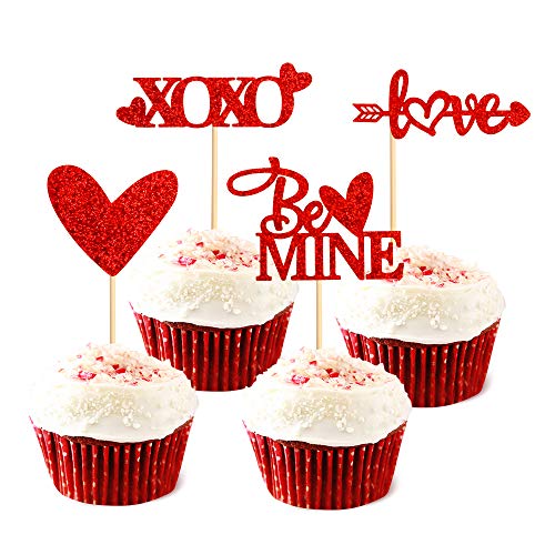 Ercaido 48 Stück rot Glitzer Valentinstag Cupcake Topper Love Thema Be Mine Hochzeit Verlobung Cupcake Picks Brautparty Valentinstag Party Kuchen Dekorationen von Ercadio