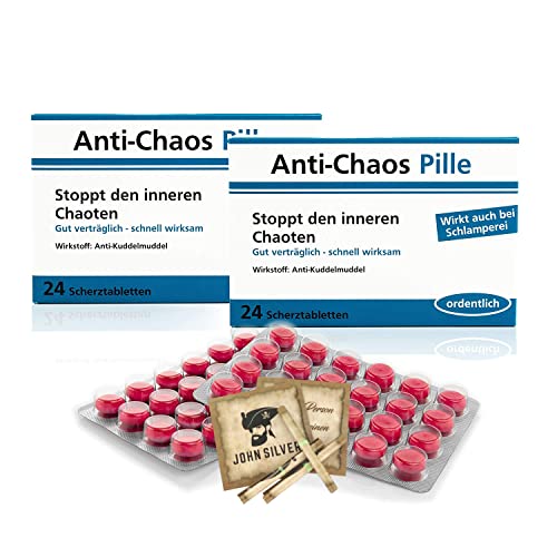 Lustige Pillen Anti-Chaos Pille 2er Set, als Geburtstagsgeschenk. Spaß, Anti Stress, gute Laune, Junggesellenabschied Mann und Frau. mit John Silver® Orakelsprüchen von ERFURTH FUN