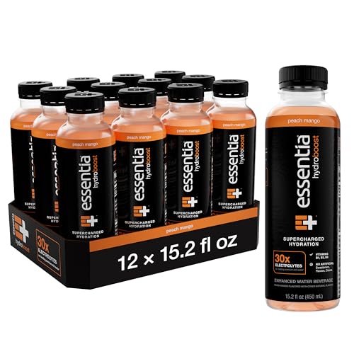 Essentia Hydroboost Enhanced Bottled Water, 450 ml, 12 Stück, Pfirsich-Mango, Hydrolyte-Mischung mit B-Komplex-Vitaminen und Elektrolyten, sauberer Geschmack und aufgeladener Hydratation von Essentia Water LLC