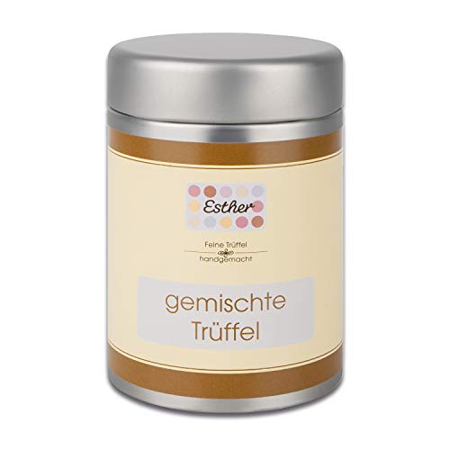 Esther Gemischte Trüffel und Pralinen Runddose mit Alkohol 160g | Hochwerte Metalldose mit verschiedenen Pralinen | Geschenkidee für Geburtstag, Ostern, Vatertag, Muttertag oder Weihnachten von Esther Confiserie