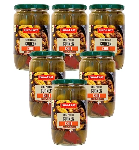 Euro-East Fermentierter Chili Gurken 6er Pack im Glas x 660g | Hergestellt nach der traditionellen Beizmethode | Saure Chili Gurken von Euro-East