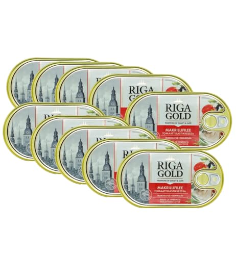 Riga Gold makrelenfilet in Tomatensoße 190g/114g, 10er Pack in Metalldose x 190g, Gefangen im Nordostatlantik (FAO 27), Fertiggerichte Fischkonserven von Euro-East