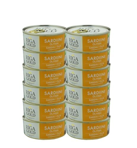 Riga Gold Sardinen in Öl, 12er Pack in Metalldose x 240g, gefangen im Ostatlantik-FAO 34, Fertiggerichte in Fischkonserven (12 x 240g/168g) von Euro-East