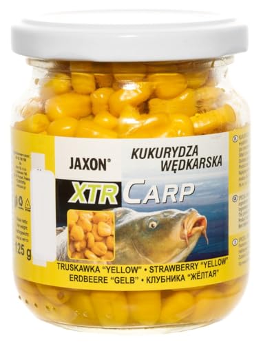 Exar Jaxon XTR Carp stark aromatisierter Mais in 12 Geschmacksrichtungen im Krug 125g Karpfenangeln Karpfenfischen Grundfutter (gelbe Erdbeere FX-CB06) von Jaxon