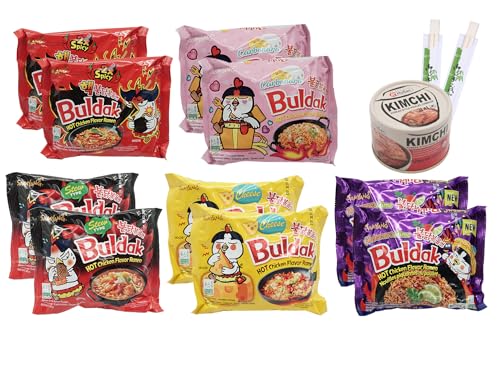 ExoticGoods CHS - MITO BOX - Samyang Buldak Hot Chicken Ramen Mix 10er Pack mit 5 Sorten, Gratis 160g Kimchi + Essstäbchen von ExoticGoods CHS