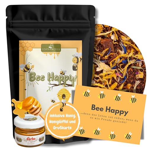 Bee Happy Tee mit 28 g Blütenhonig & Honiglöffel - Dankeschön Tee Geschenk Teegeschenk Herzensmensch Kleines Dankeschön Day Tea Gift Set für einen lieben Menschen - 70 g Kräutertee von Exploritea