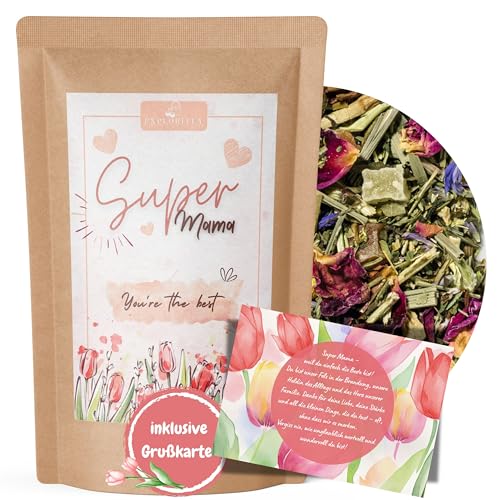 "SUPER MAMA" - Mutter Mama Tee Geschenk für die beste Mama Muttertag Teegeschenk Herzensmensch Galentines Day für the Best Mum Ever, Danke Mama - 70 g Kräutertee von Exploritea