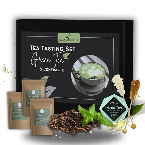 Tea Tasting Set Grüner Tee & Confiserie Geschenkbox – Tee Geschenkset mit 3 exklusiven Grüntees, Green Tea Chocolate mit Minze & Zitrone, Kandissticks, Luxuriöses Probierset für Teeliebhaber von Exploritea