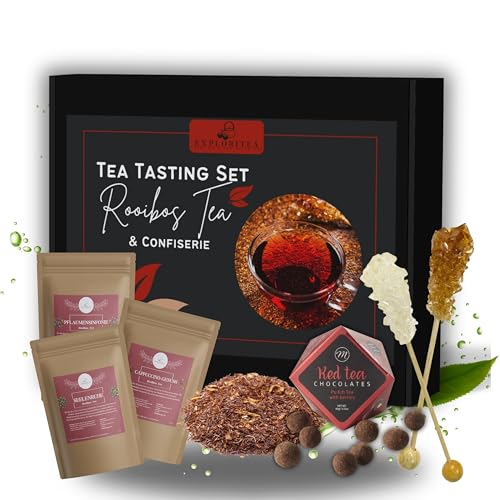 Tea Tasting Set Rooibos Tee & Confiserie Geschenkbox – Rooibos Tee Geschenkset mit 3 Rooibos-Tees, Red Tea Chocolate mit Pu-Erh und roten Beeren und zwei Kandissticks, Luxuriöses Tee Probierset von Exploritea