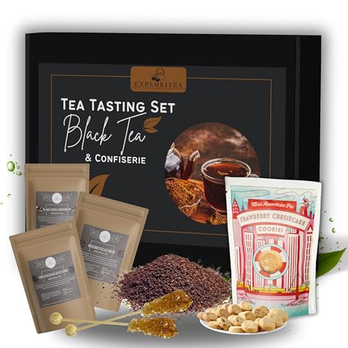 Tea Tasting Set Schwarzer Tee & Confiserie Geschenkbox – Schwarztee Geschenkset mit 3 exklusiven Schwarztees, Strawberry Cheesecake Cookies, Kandissticks, Luxuriöses Tee Probierset für Genießer von Exploritea