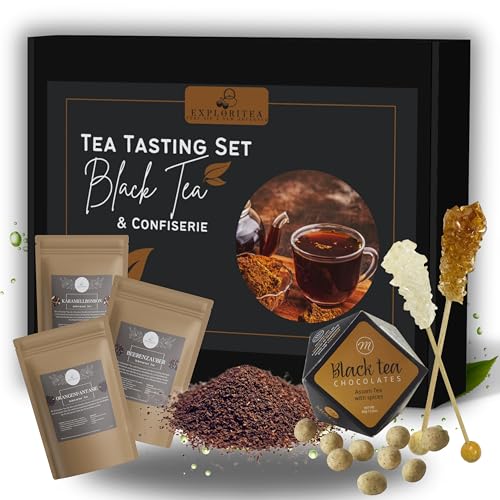 Tea Tasting Set Schwarzer Tee & Confiserie Geschenkbox – Schwarztee Geschenkset mit 3 exklusiven Schwarztees, Assam & Spices Schokolade, Kandissticks, Luxuriöses Tee Probierset für Genießer von Exploritea